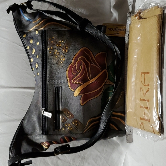 Anuschka Grey handpainted rose animal print safari hobo shoulder bag nwot - Picture 3 of 16